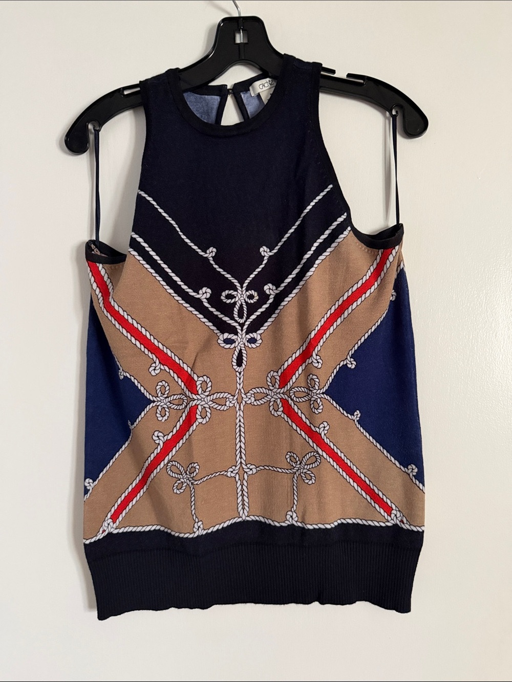 Cache Navy, Tan & Red Rope-Print Sleeveless Knit Top